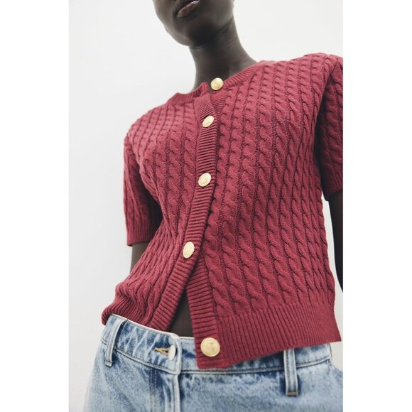 Women Cable Knit Cardigan Short Sleeve Vintage Cropped Sweater Casual - Picture 3 of 6